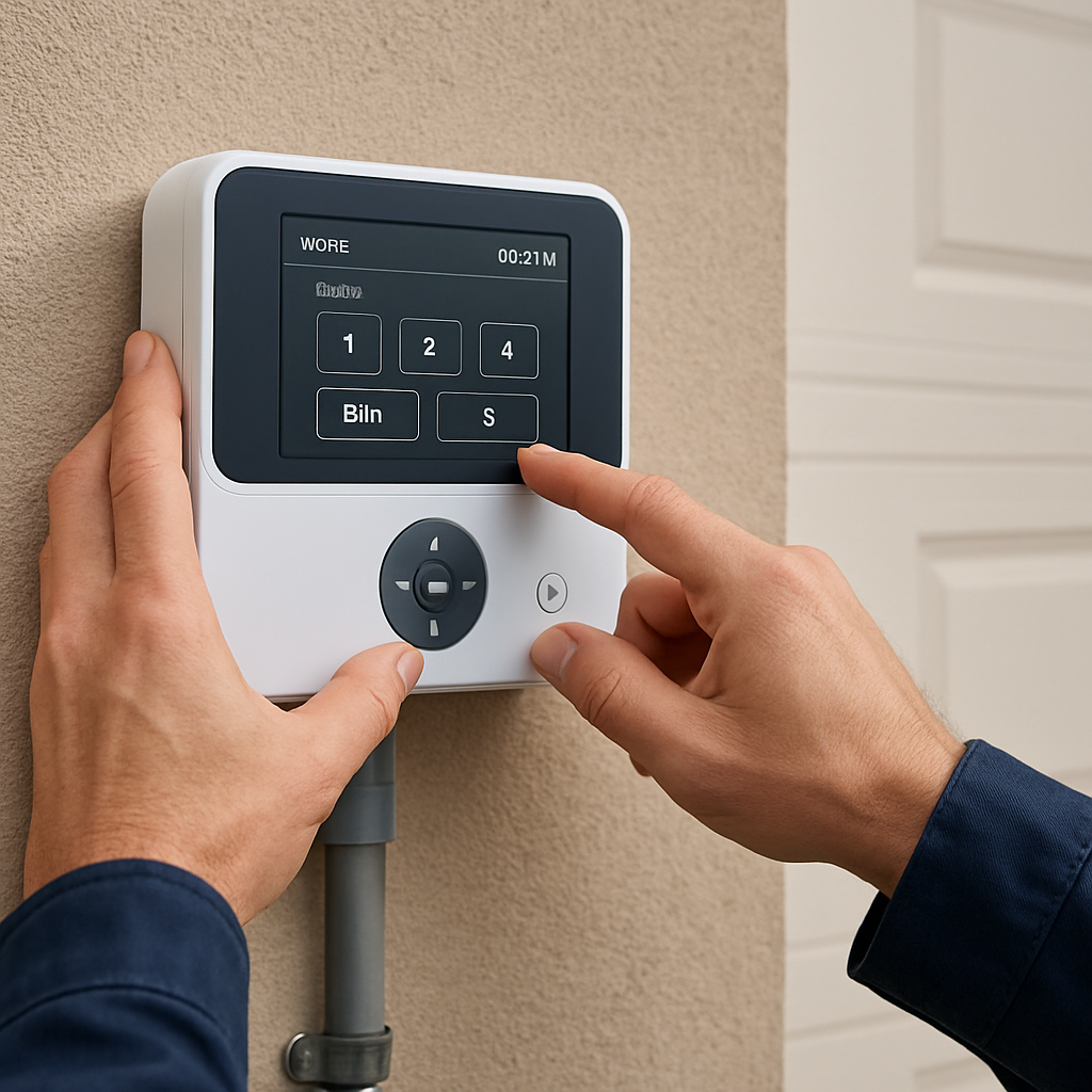 Technician adjusting a smart irrigation controller