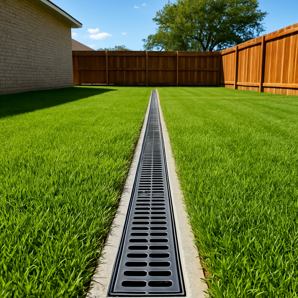 Completed yard drainage project with healthy grass