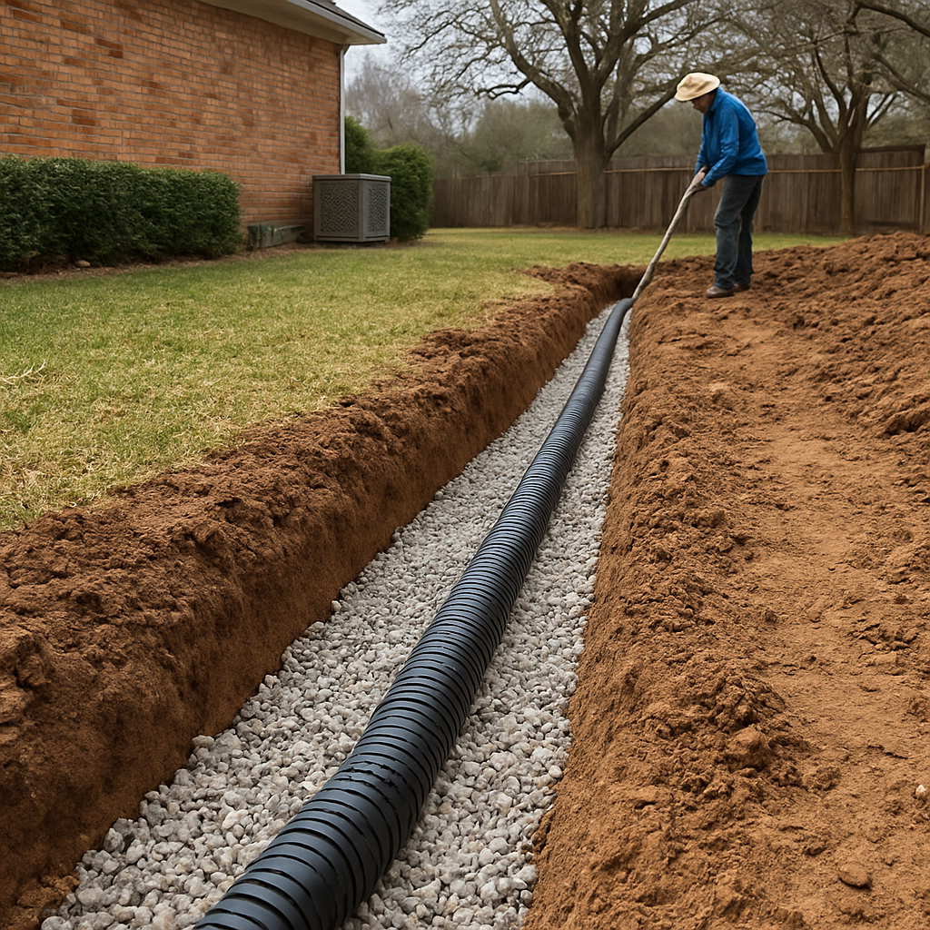 French drain installation with gravel and perforated pipe