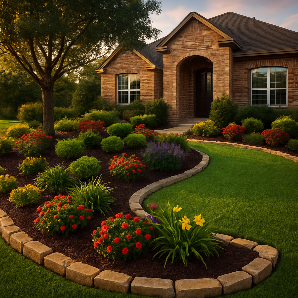 Landscaped front yard with stone borders and plant beds