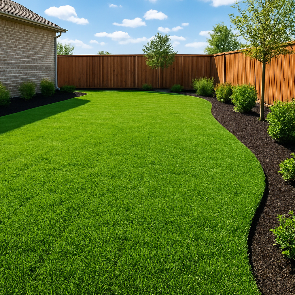 Freshly installed green sod lawn in a Texas backyard