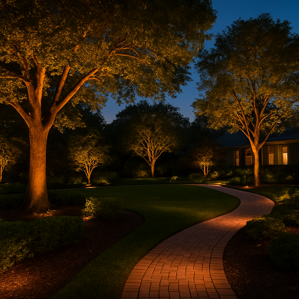 Outdoor landscape lighting illuminating trees at dusk