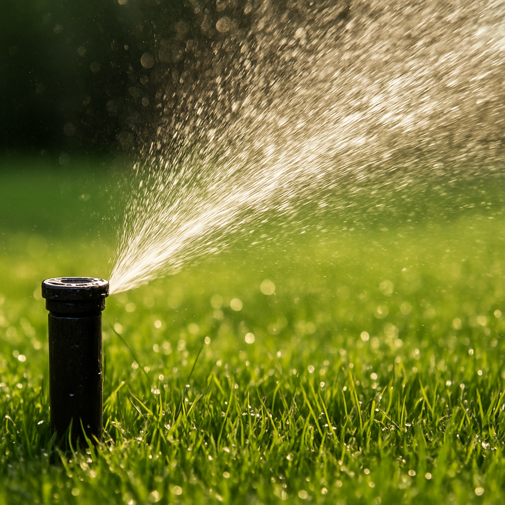 Pop-up sprinkler head spraying water over a green lawn