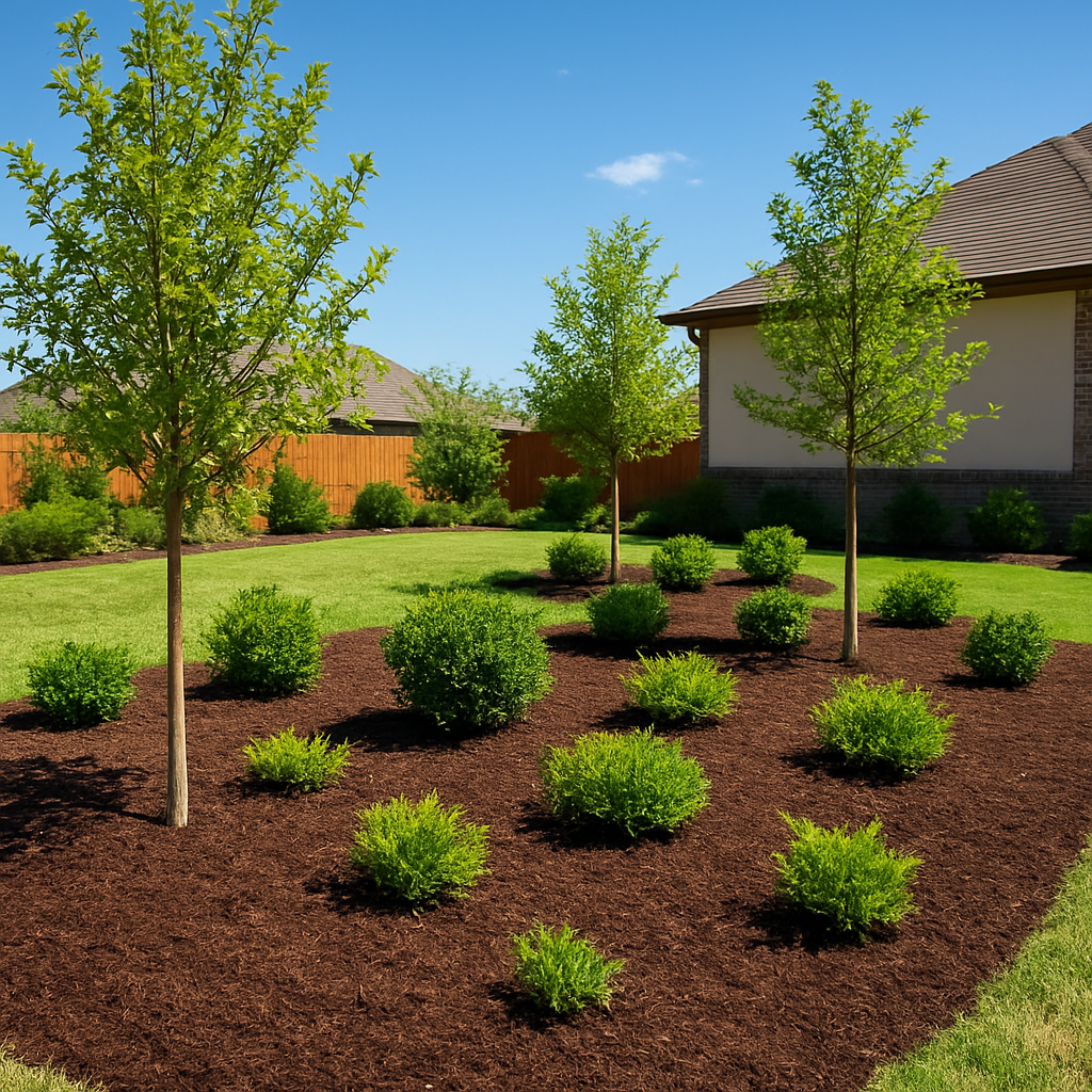 Newly planted trees and shrubs with fresh mulch